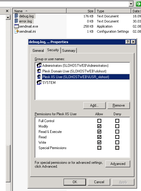 permissions of error.log and debug.log for sendmail